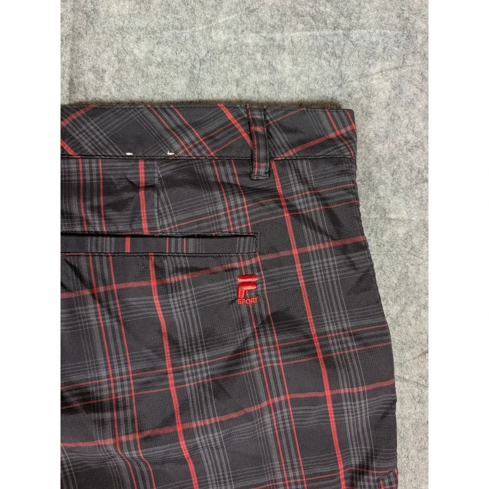 Fila Sport Golf Shorts Mens Black Red Plaid Flat Front Performance Activewear
